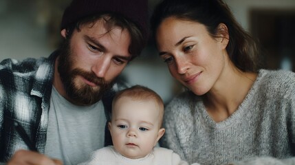 A family with a baby sits together at a table with the father writing and mother watching in a warm indoor setting