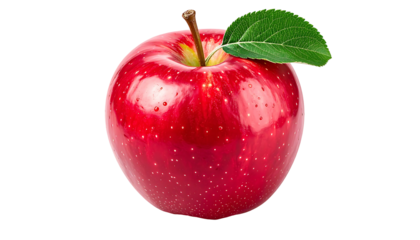 Glossy red apple with a stem and leaf, isolated against a black background