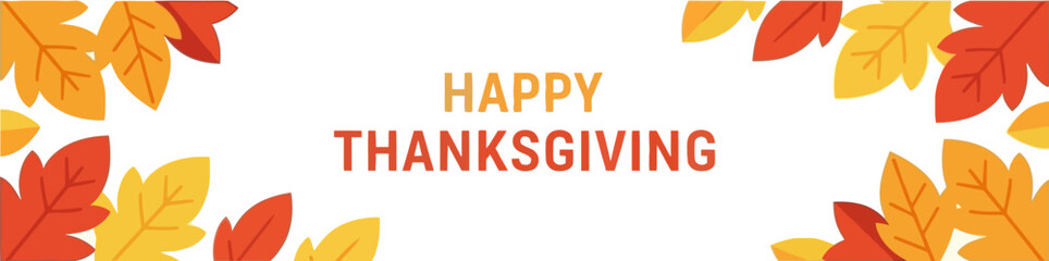 Happy Thanksgiving banner with colorful autumn leaves on white background.