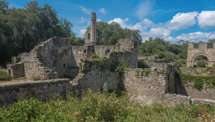 Ancient stone structures and weathered walls set against a natural landscape