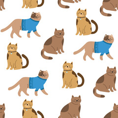Seamless pattern with cute cats. Brown cats in different poses on a white background. Hand drawn vector illustration, repeating print.