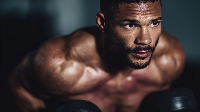 Man lifting dumbbells with intense focus and visible sweat during a strenuous gym workout