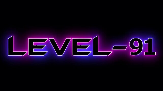 pink and blue neon glowing level 91 text font icon animation. Neon level sign. Level text animation on black background.