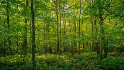 Obraz premium Green woodland scenery with trees and leaves in summer