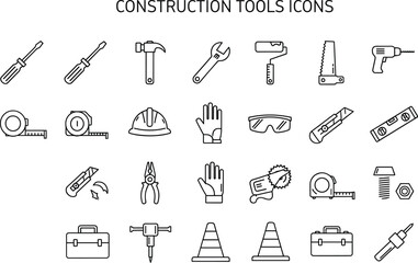 Construction Tools Icon Set – Line Style Equipment for Building, Safety, Repair, Engineering, DIY, Industrial Work, and Toolbox Graphics