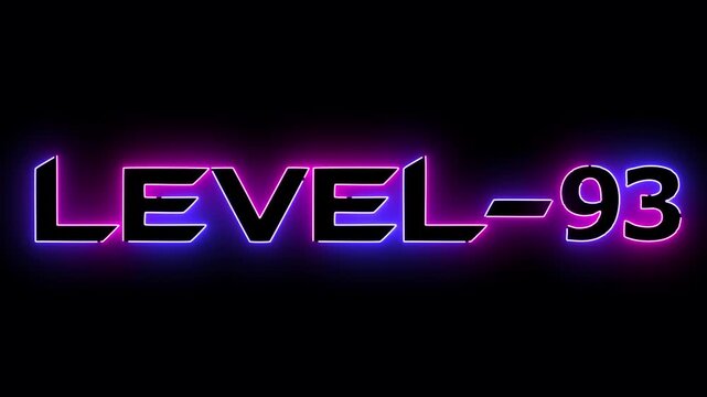 pink and blue neon glowing level 93 text font icon animation. Neon level sign. Level text animation on black background.