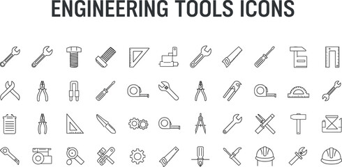 Engineering tools icon set with wrench, hammer, caliper, gear, helmet, compass, tape, screwdriver, technical instruments for vector design