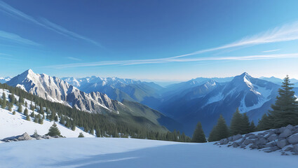 Majestic Snowy Mountains and Pine Forests under Clear Blue Sky with AI