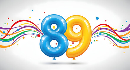 Obraz premium Blue and Yellow Number 89 Balloons with Colorful Ribbons