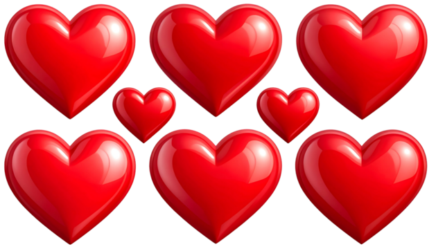 Glossy red hearts arranged in a grid pattern over a black background - Powered by Adobe