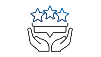 Glowing blue line-art icon cupped hands presenting three stars with a text banner, on a stark black background