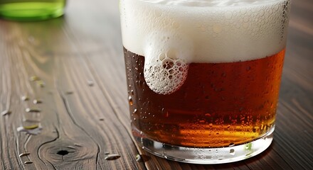 Close-up of a cold glass of dark beer with frothy foam and condensation on a wooden table.