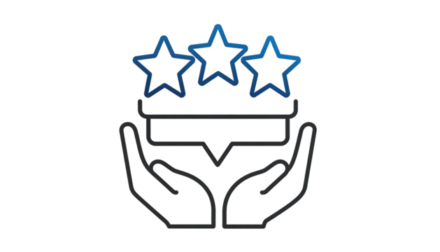 Glowing blue line-art icon cupped hands presenting three stars with a text banner, on a stark black background