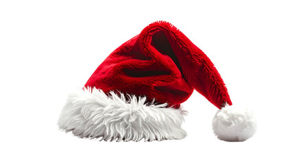 Red Santa hat with white faux fur trim lies on a black background