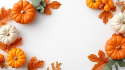 Bright orange and white pumpkins are arranged creatively around a collection of colorful autumn leaves, bringing a festive feel to the seasonal display. Perfect for harvest celebrations