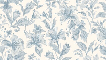 Fototapeta premium Seamless pattern of hibiscus blossoms and buds in a retro style using blue and gray tones on a white backdrop
