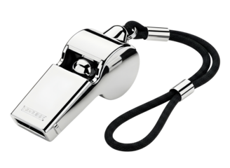 Silver metal referee whistle with black lanyard isolated on transparent background