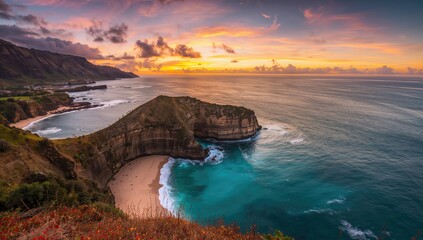 Evening scenery of breathtaking rocky landscapes by the shoreline at a natural tide pool