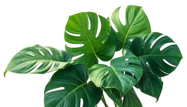 Close-up of a lush monstera plant with large, vibrant green leaves against a stark black background