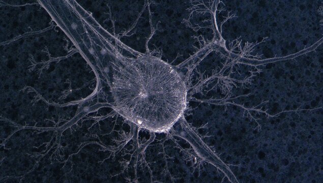 Dorsal root ganglion neuron structures highlighting fine Nissl bodies and a prominent nucleus with nucleolus in a micrograph.