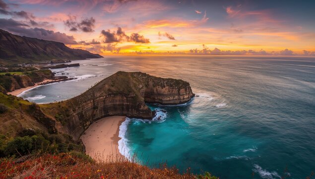 Evening scenery of breathtaking rocky landscapes by the shoreline at a natural tide pool