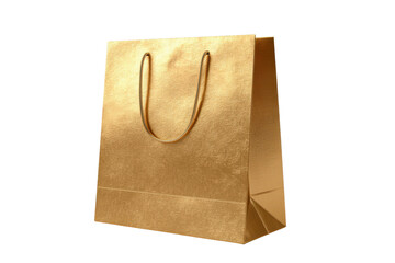 Single golden paper shopping bag with rope handles on black background image, Isolated On Transparent Background, Png Cut Out