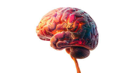 Glowing human brain on black background, detailed cerebral cortex with bright, colorful highlights on the surface