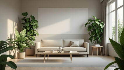 Minimalist Living Room Interior with Green Plants, Sofa, and Blank Canvas AI