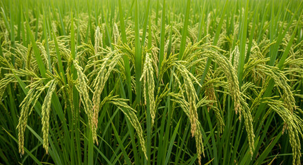 Fototapeta premium Image is a high-resolution photograph focusing on a lush green rice field. The composition is centered on the tall, slender stalks of rice plants, which dominate the foreground and extend into the bac