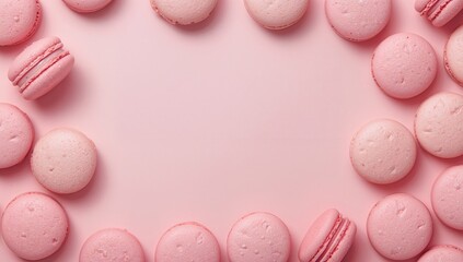 Obraz premium Sweet pink macarons arranged on a rosy backdrop. Overhead shot with empty space for text.
