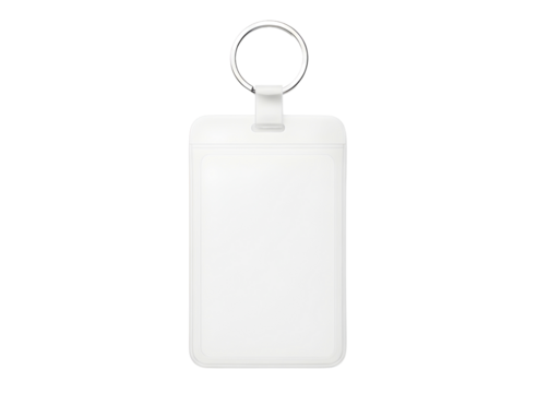 Blue fabric id card holder with clear window and keyring isolated on transparent background