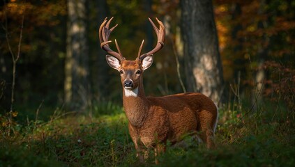 Young red deer with antlers in forest habitat