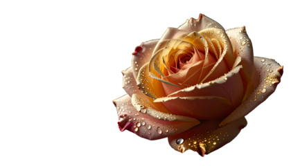 Close-up of a peach rose with water droplets against a black background, highlighting its delicate petals