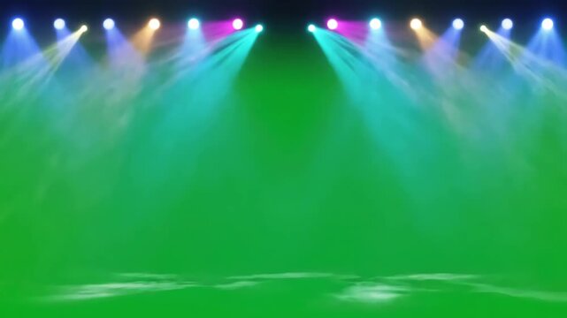 Dynamic Stage Lighting with dj lights on green screen background light beams spotlights chroma key 4k video effect copy space distortion, overlay, glitch, static noise, scan lines black background