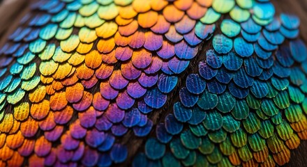 Vibrant Iridescent Scales Texture in Rainbow Gradient with Shimmering Blue, Green, Yellow, Orange, Purple Hues. Close-up Macro Detail of Exotic Animal Feathers or Skin.