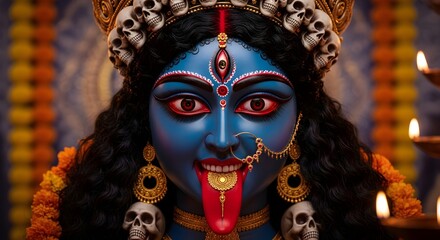 maa Kali face closeup, goddess Kali jewelry