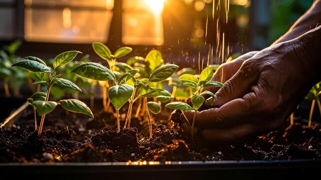 Nurturing New Life Watering Young Seedlings in Rich Soil
