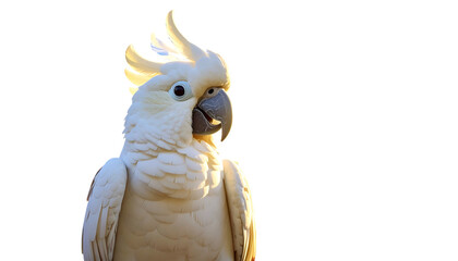 Close-up of a white cockatoo with bright yellow crest on black background, partially sunlit with visible textures