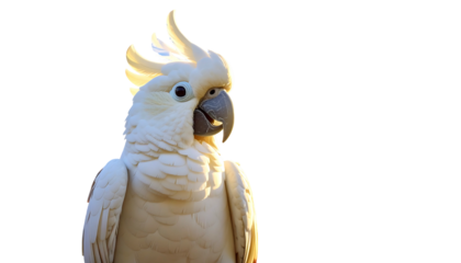 Close-up of a white cockatoo with bright yellow crest on black background, partially sunlit with visible textures