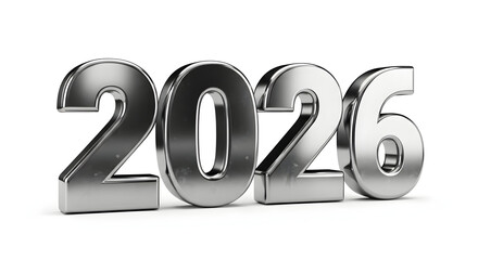 Metallic 3D numbers 2026 on white background new year
