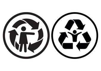 Vector recycling icons with human figures representing eco awareness, sustainability, and environmental protection. Circular and triangular arrow recycle signs in black outline style.