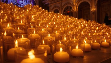 A captivating arrangement of shining LED candles setting a magical mood during a candlelight concert at a historic venue. The soft amber glow enriches the cozy and sophisticated environment.