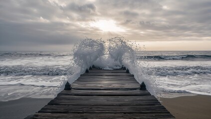 Ocean waves crashing against the pier under a cloudy sky