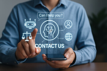 Contact us interface displayed on smartphone, featuring icons of chatbot, scales of justice, and globe, symbolizing assistance and communication in modern digital context