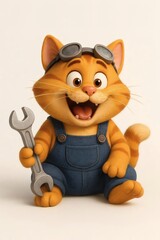 Fototapeta premium cat worker mechanic animated character 3d cartoon skilled craft smile cute