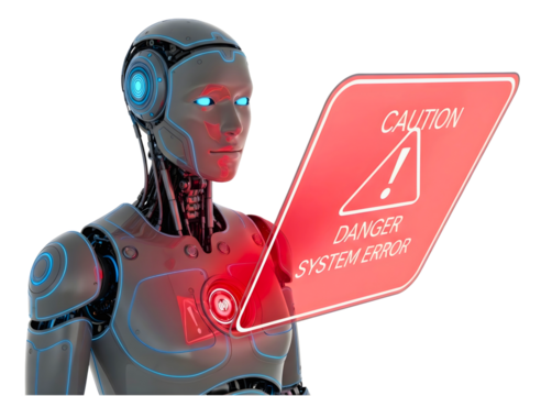 Robot holding a red warning sign isolated on transparent background