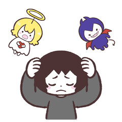 悪魔と天使の言葉に頭を抱える人のイラスト