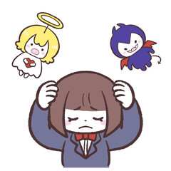 悪魔と天使の言葉に頭を抱える女の子のイラスト