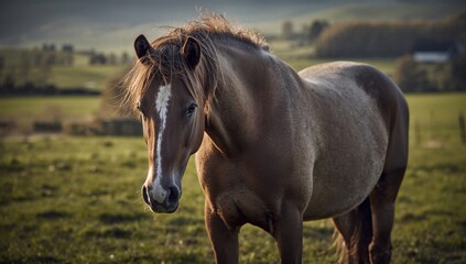 Obraz premium Abandoned equine wandering through rural fields, wildlife, lush greenery, animal, mammal, open land, scenic, farmstead