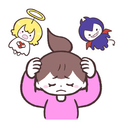 悪魔と天使の言葉に頭を抱える女性のイラスト